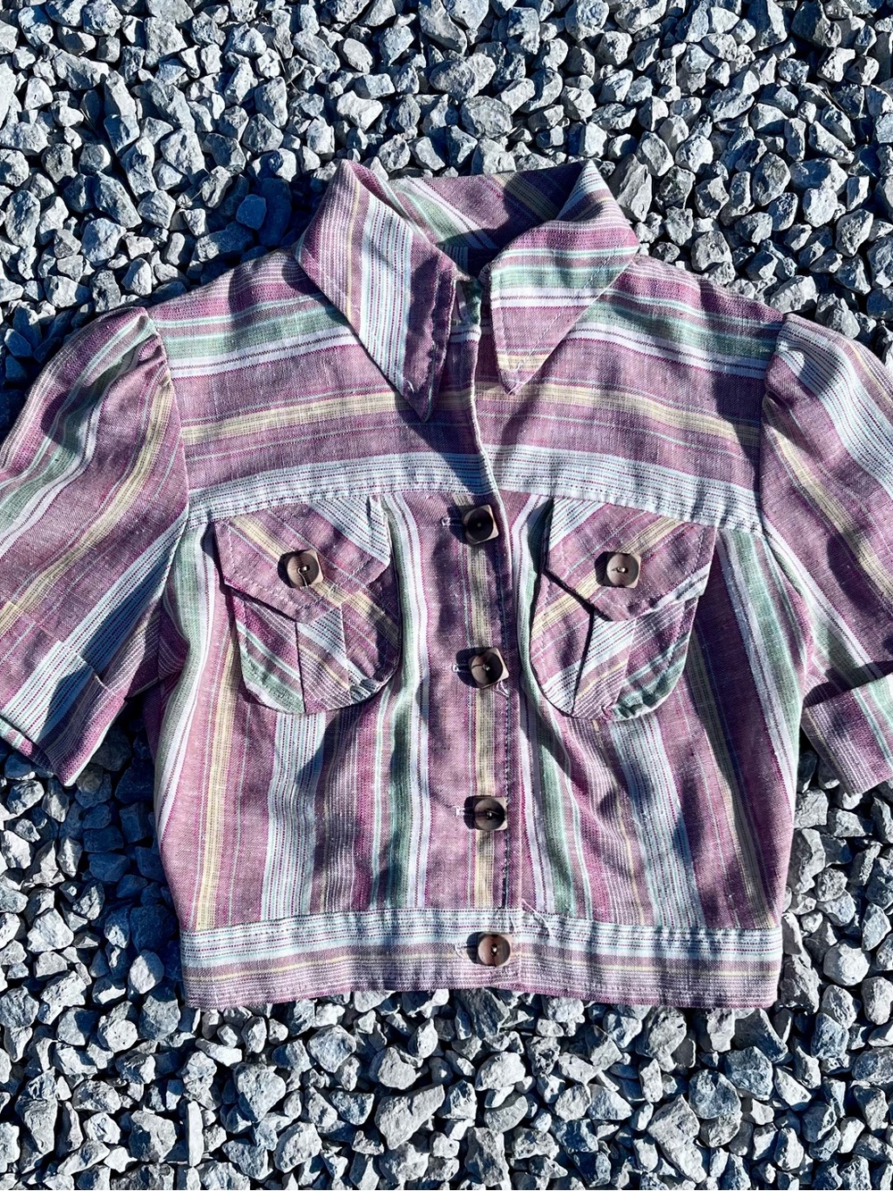 Vintage 70s Striped Cropped Blouse | Puff Sleeve Boho Crop Top